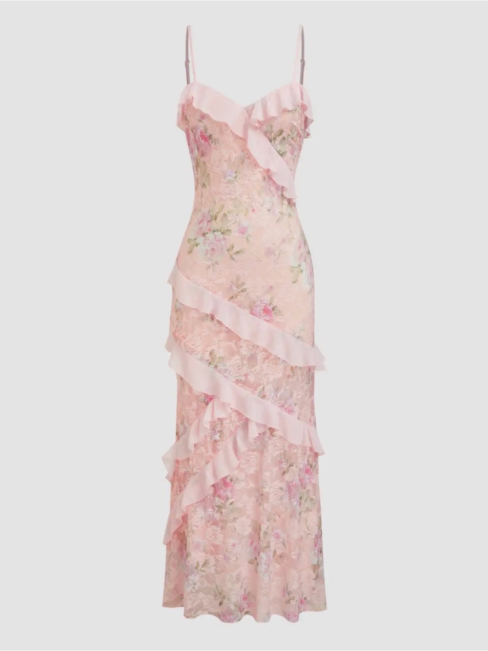CIDER Blush Pink Floral Lace Ruffle Evening Gown